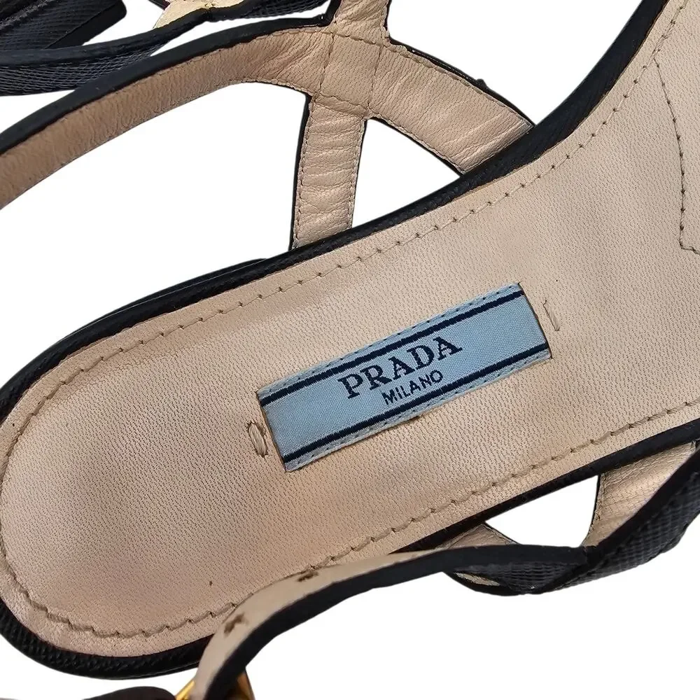 Prada Logo Black Leather Flat Ankle Strap Sandal Gold Buckle Size 36.5 6.5